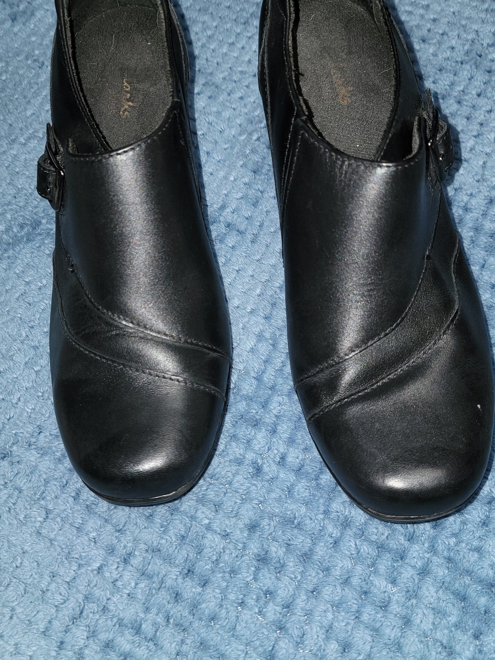 Clarks Black Leather Ankle Booties with Buckle Accent